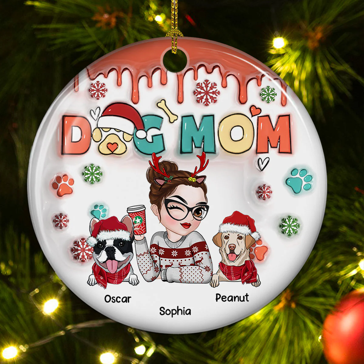 Dog Mom Christmas Paw - Personalized Custom 3D Inflated Effect Ceramic Ornament - Image 3