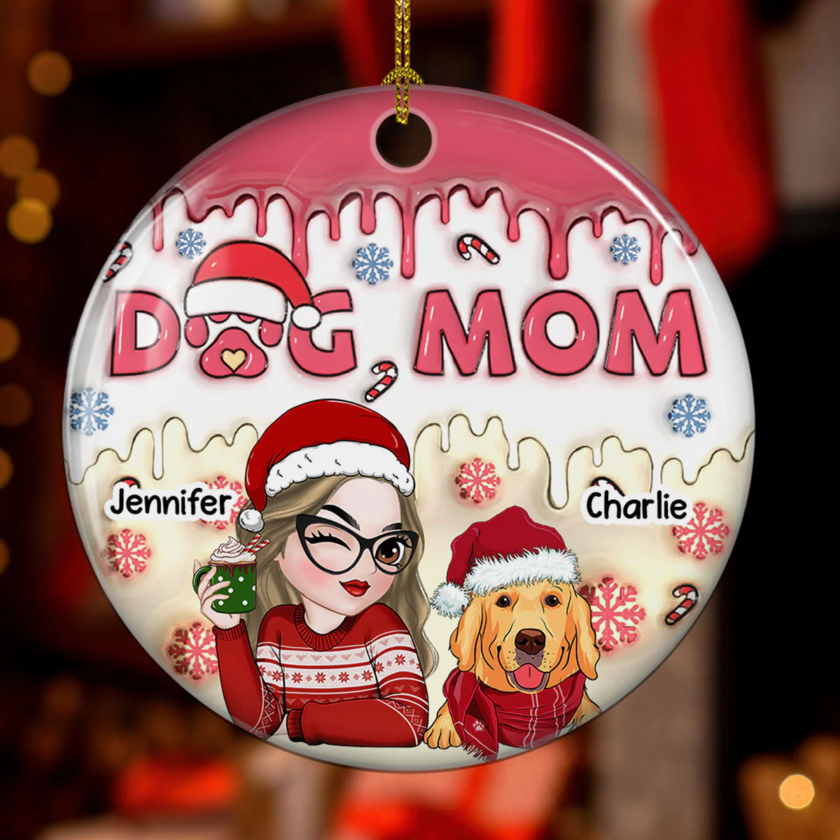 Dog Mom Happy Pawlidays - Personalized Custom 3D Inflated Effect Ceramic Ornament - Image 2
