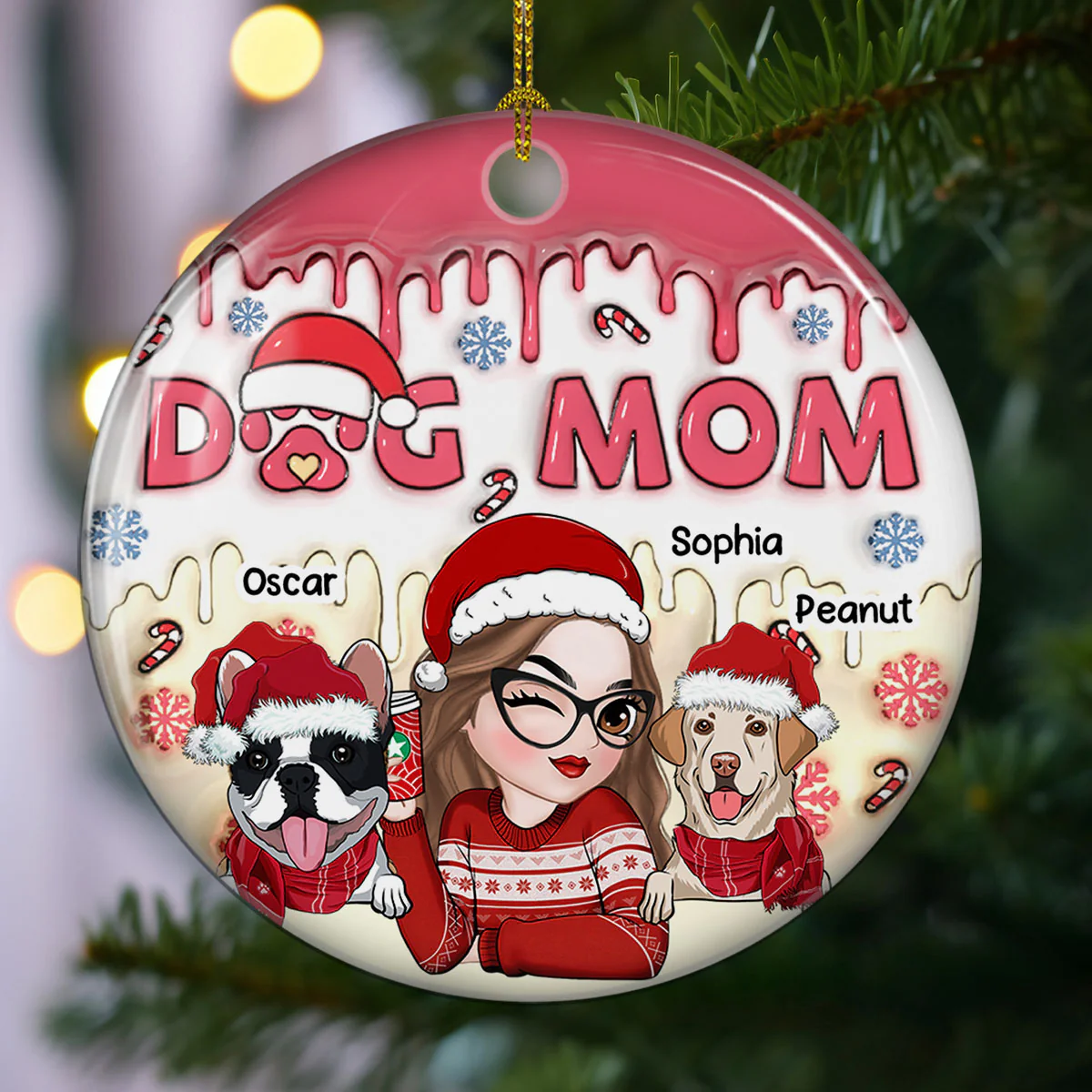 Dog Mom Happy Pawlidays - Personalized Custom 3D Inflated Effect Ceramic Ornament - Image 3