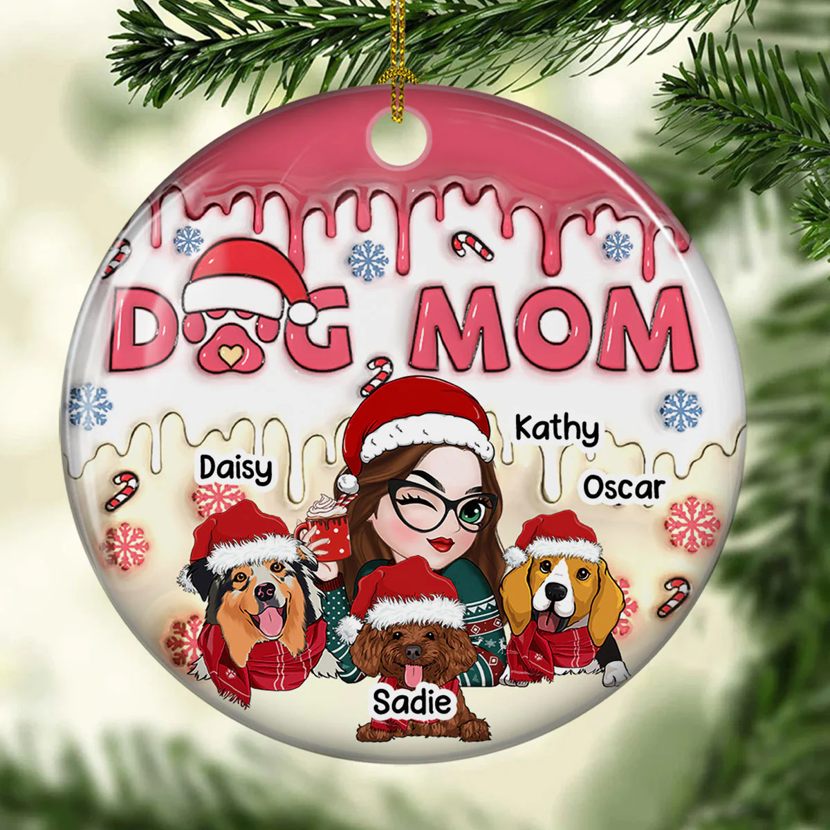 Dog Mom Happy Pawlidays - Personalized Custom 3D Inflated Effect Ceramic Ornament - Image 4