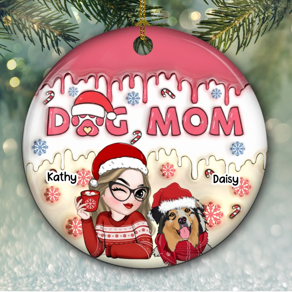 Dog Mom Happy Pawlidays - Personalized Custom 3D Inflated Effect Ceramic Ornament - Image 5