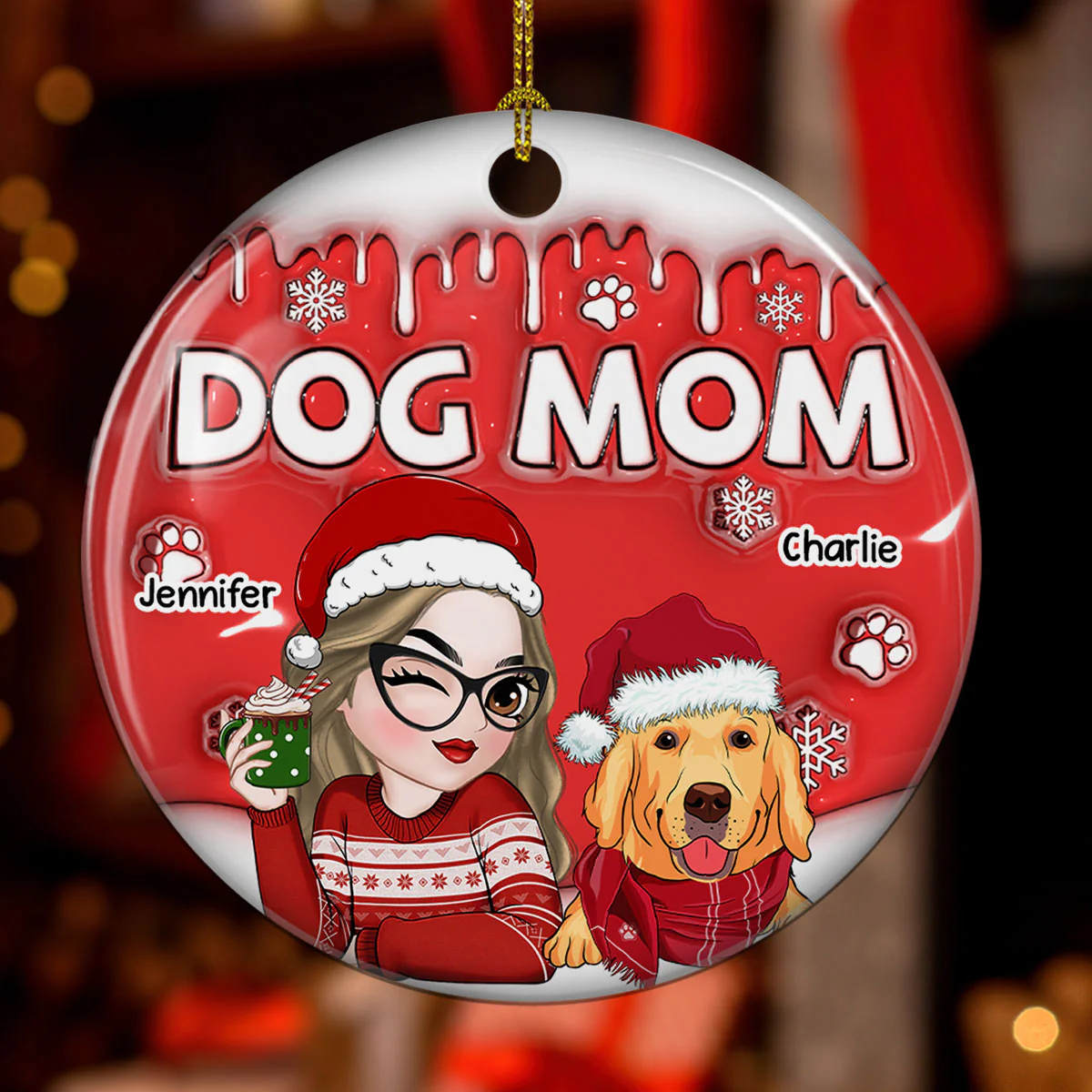 Dog Mom In Christmas - Personalized Custom 3D Inflated Effect Ceramic Ornament - Image 2