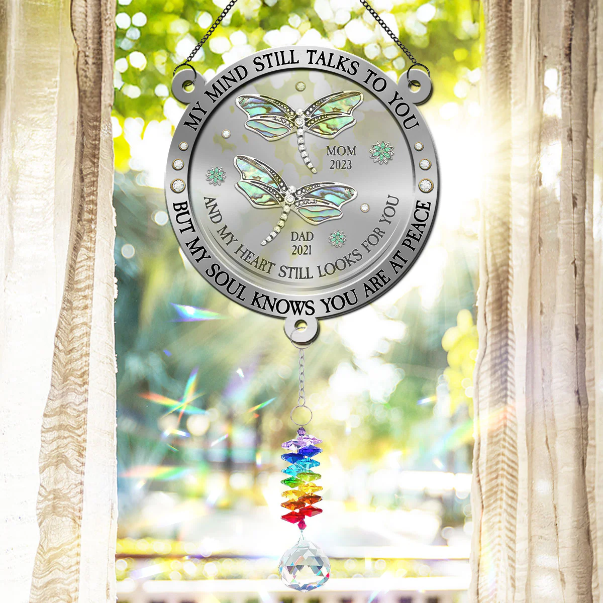 Dragonfly My Mind My Heart My Soul - Personalized Custom Suncatcher With Crystal Rainbow Charm