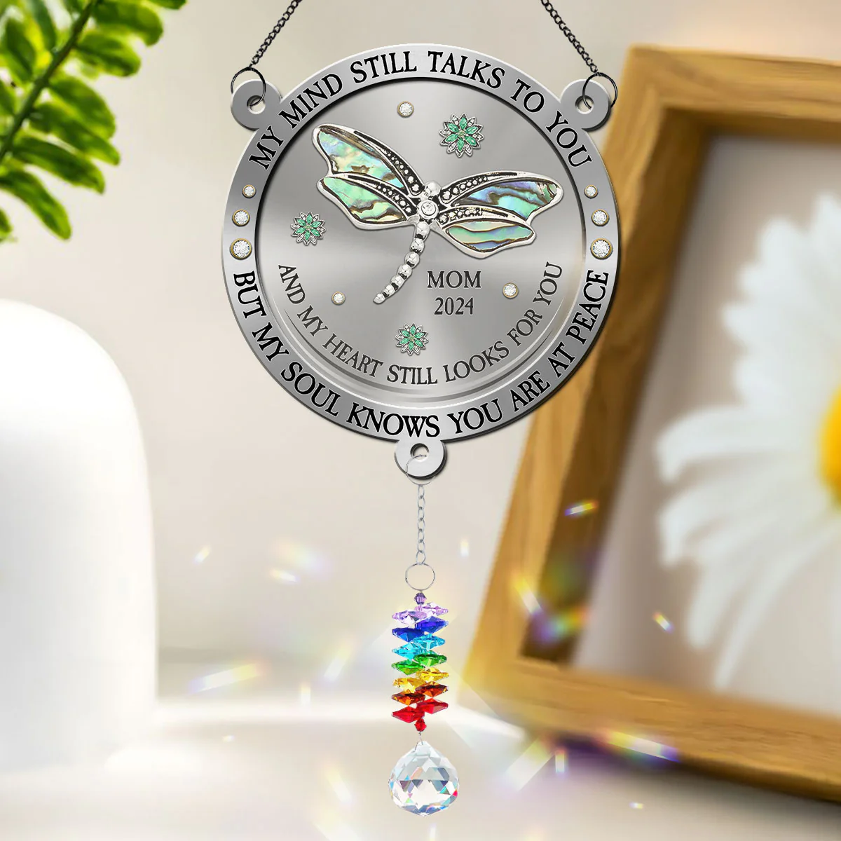 Dragonfly My Mind My Heart My Soul - Personalized Custom Suncatcher With Crystal Rainbow Charm - Image 2