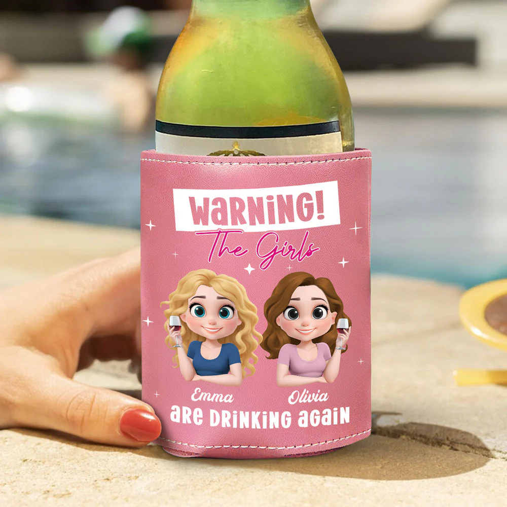Drinking Alert - Personalized Custom Pink Leather Can Cooler Holder - Image 2