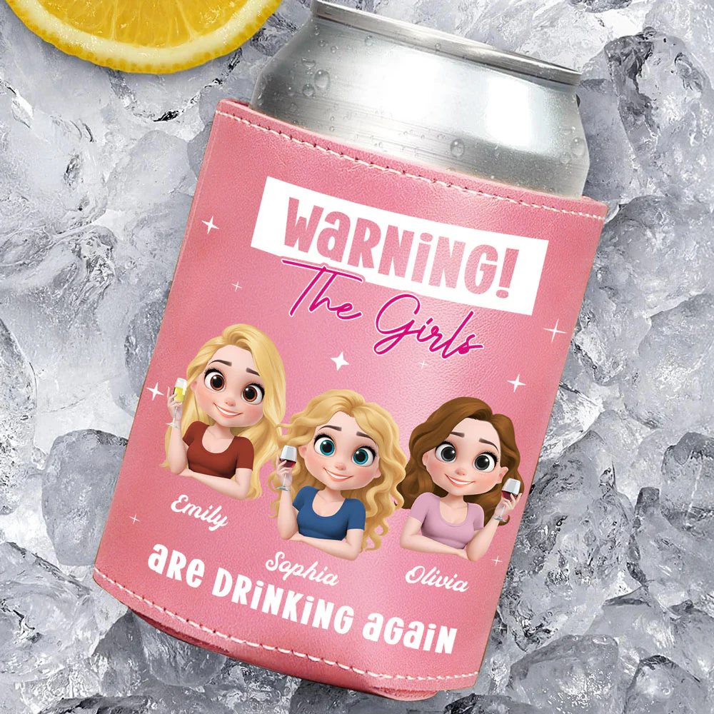 Drinking Alert - Personalized Custom Pink Leather Can Cooler Holder - Image 4