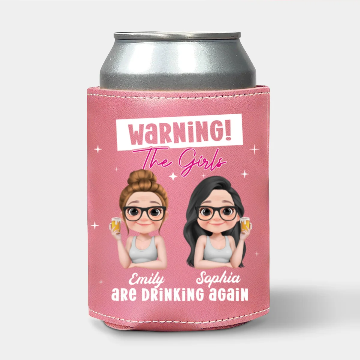 Drinking Alert - Personalized Custom Pink Leather Can Cooler Holder - Image 7