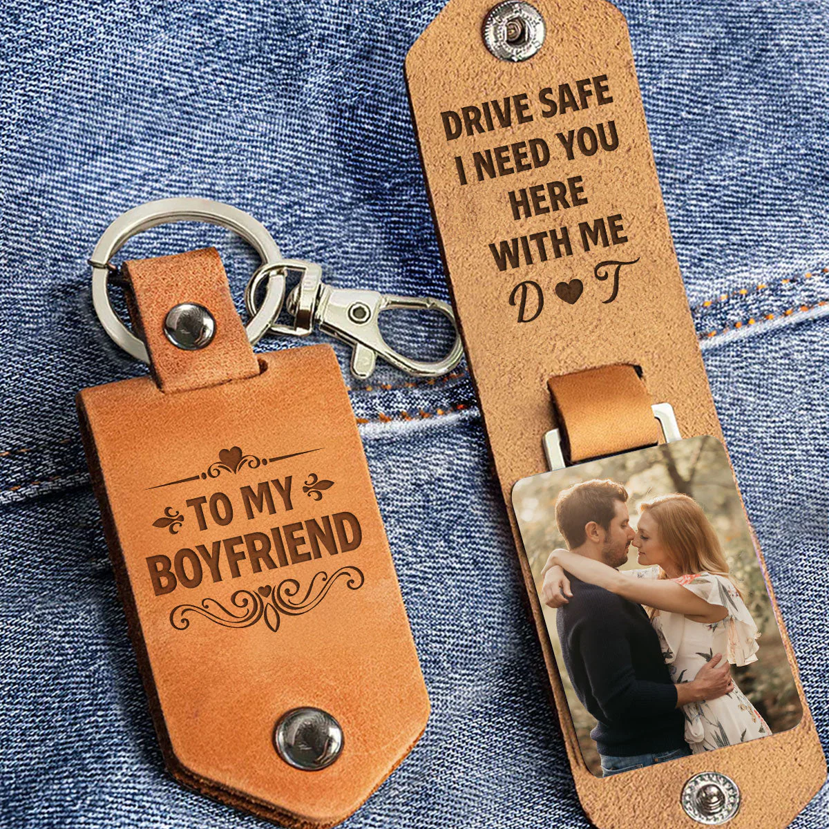 Drive Safe I Need You Here With Me - Personalized Leather Photo Keychain - Image 2