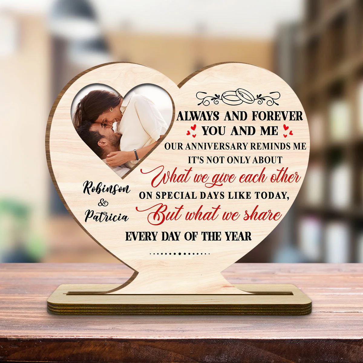 Every Day Our Hearts Share Love - Personalized Custom 2-Layer Wood Plaque With Flat Base - Image 3