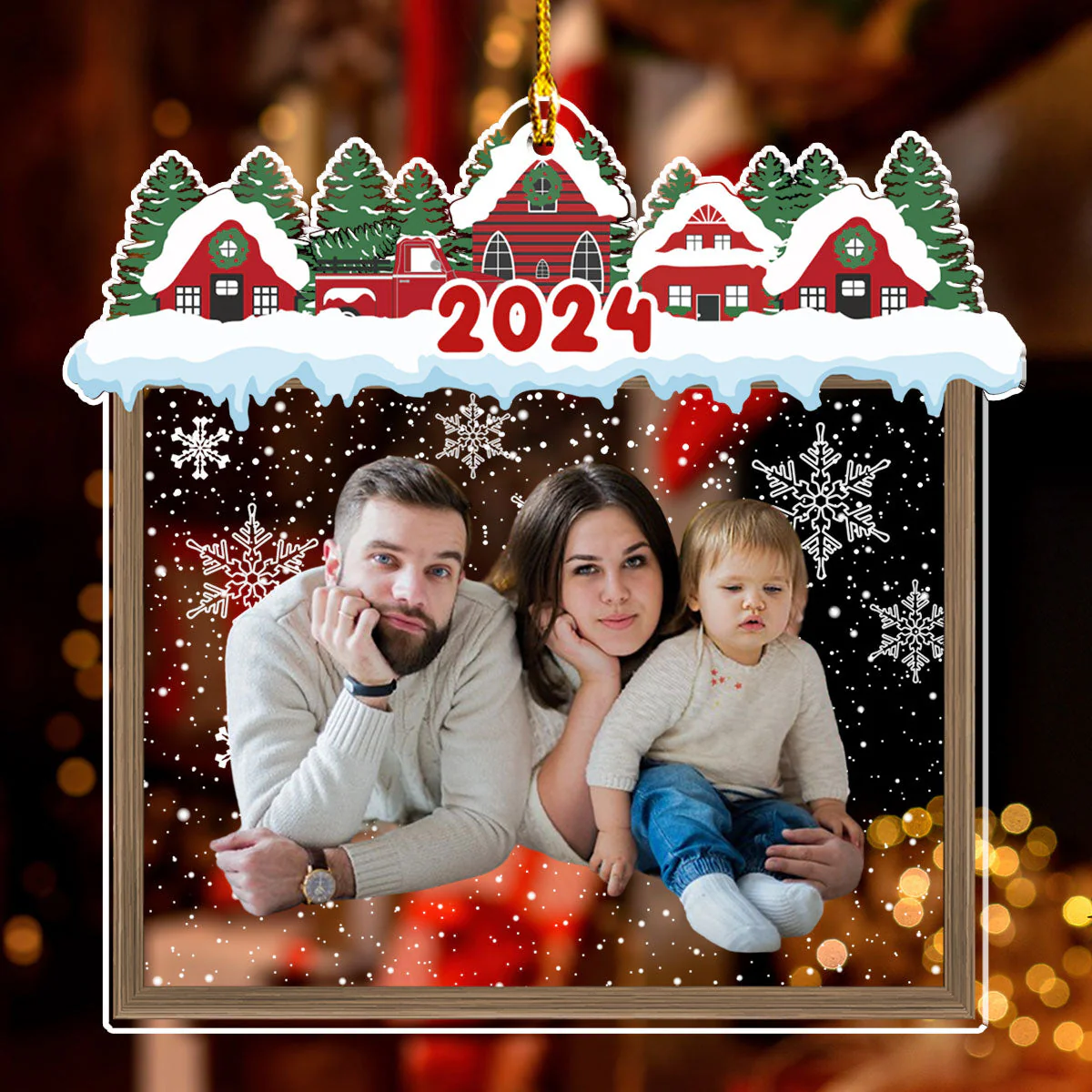 Family Beautiful Christmas Town Village View - Personalized Custom Acrylic Ornament - Image 2