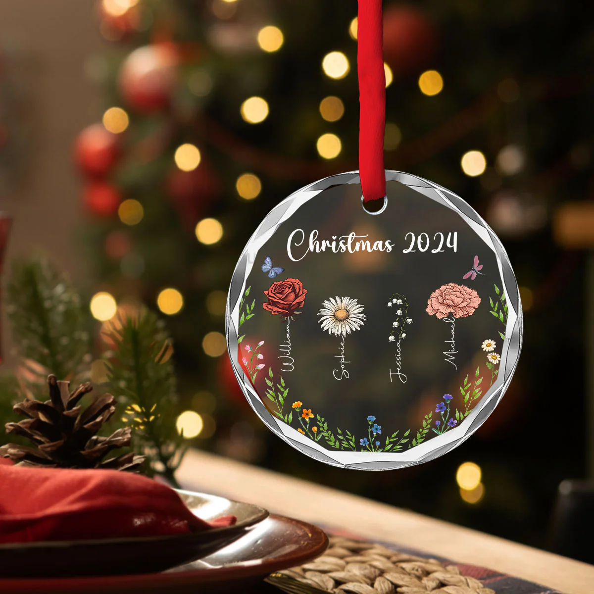 Family Besties Flower - Personalized Custom Glass Ornament - Image 3