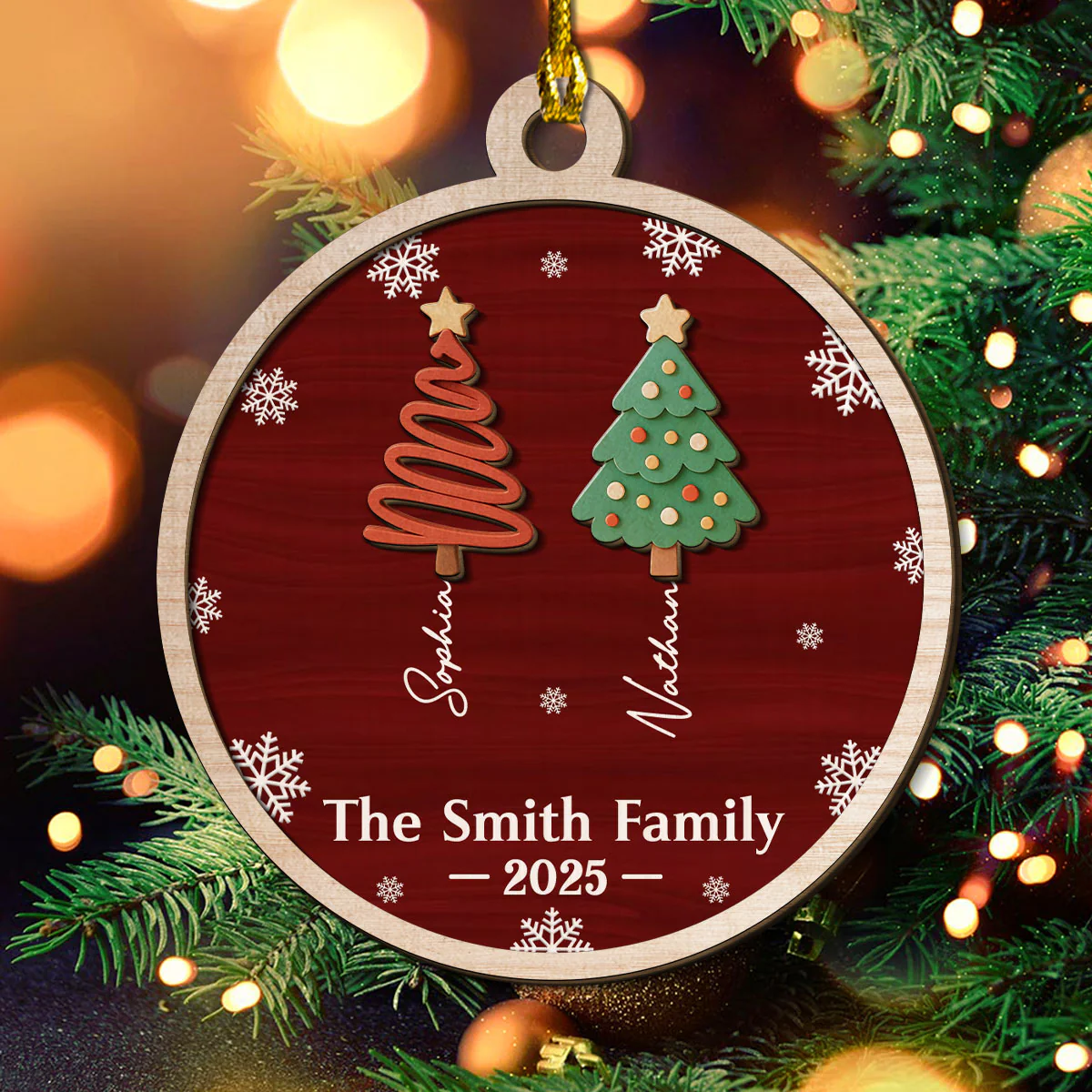 Family Christmas Tree Names - Personalized Custom 2-Layered Wood Ornament - Image 2