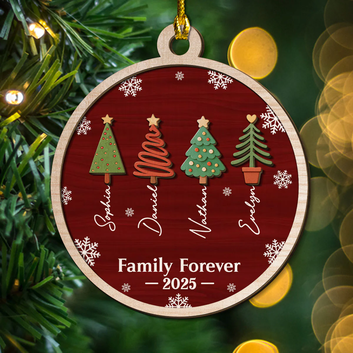 Family Christmas Tree Names - Personalized Custom 2-Layered Wood Ornament - Image 4