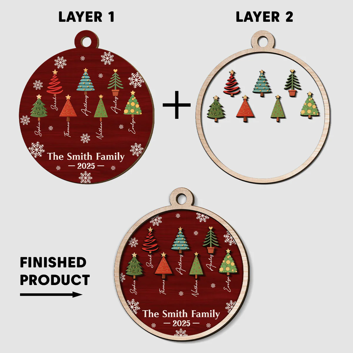 Family Christmas Tree Names - Personalized Custom 2-Layered Wood Ornament - Image 6