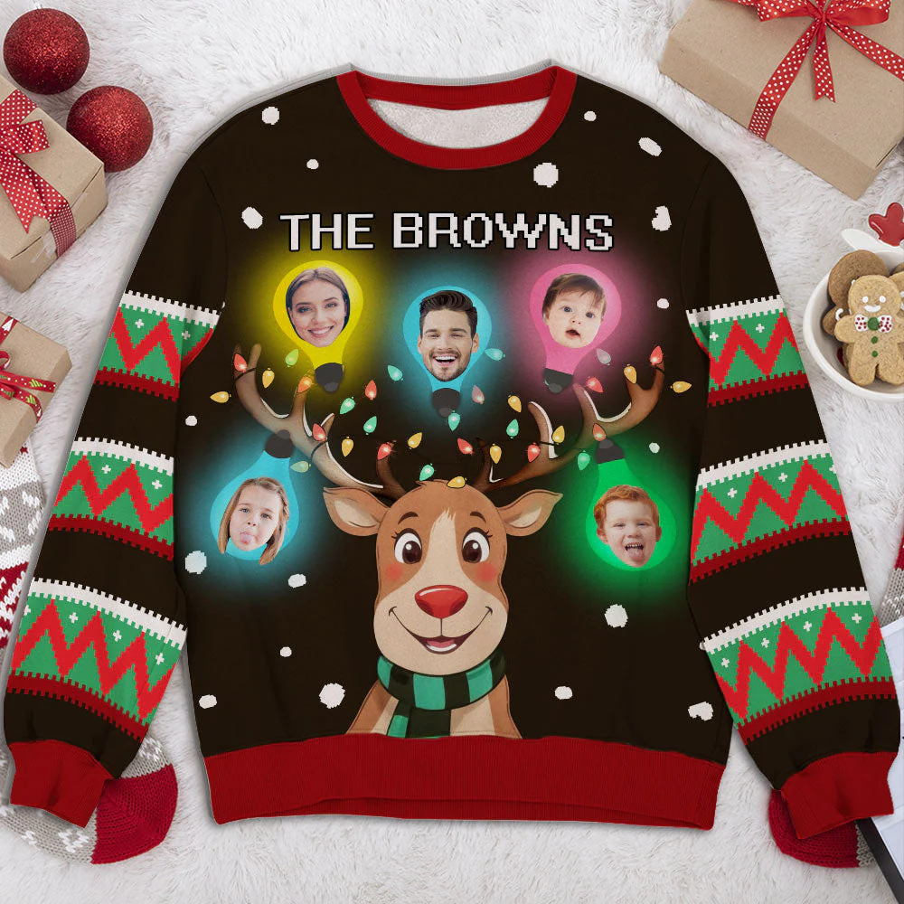 Family Custom Faces Light Reindeer Christmas - Personalized Custom All-Over-Print Sweatshirt - Image 2