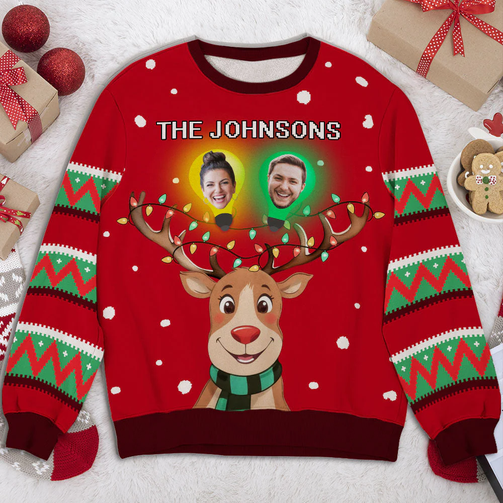 Family Custom Faces Light Reindeer Christmas - Personalized Custom All-Over-Print Sweatshirt - Image 3