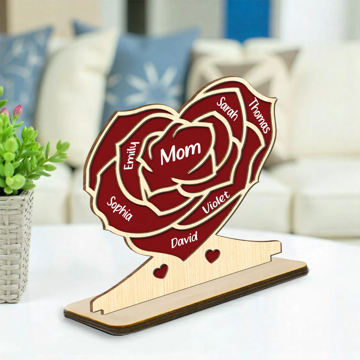 Family Flower - Personalized Custom 2-Layer Wood Plaque With Flat Base - Image 2