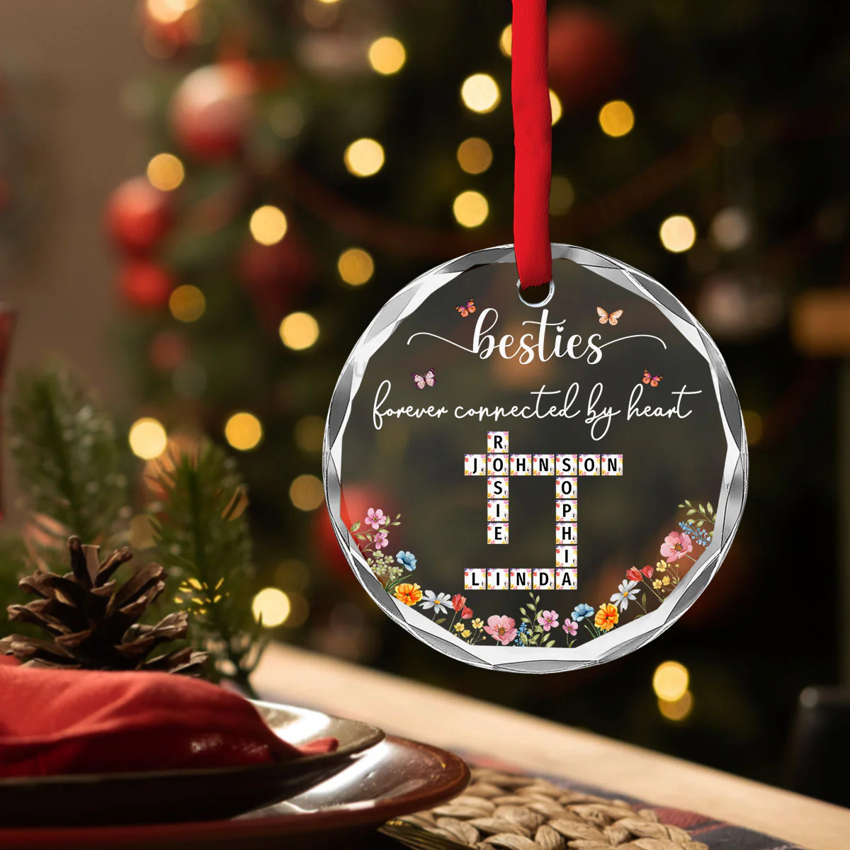 Family Forever Connected By Heart - Personalized Custom Glass Ornament - Image 2