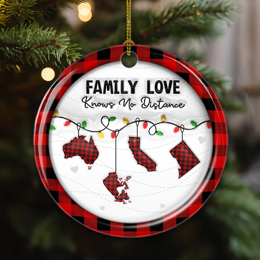 Family Love Know No Distance Red - Personalized Custom 3D Effect Ceramic Ornament - Image 3