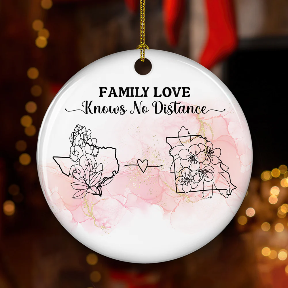 Family Love Knows No Distance Floral Version - Personalized Custom Circle Ceramic Ornament - Image 5