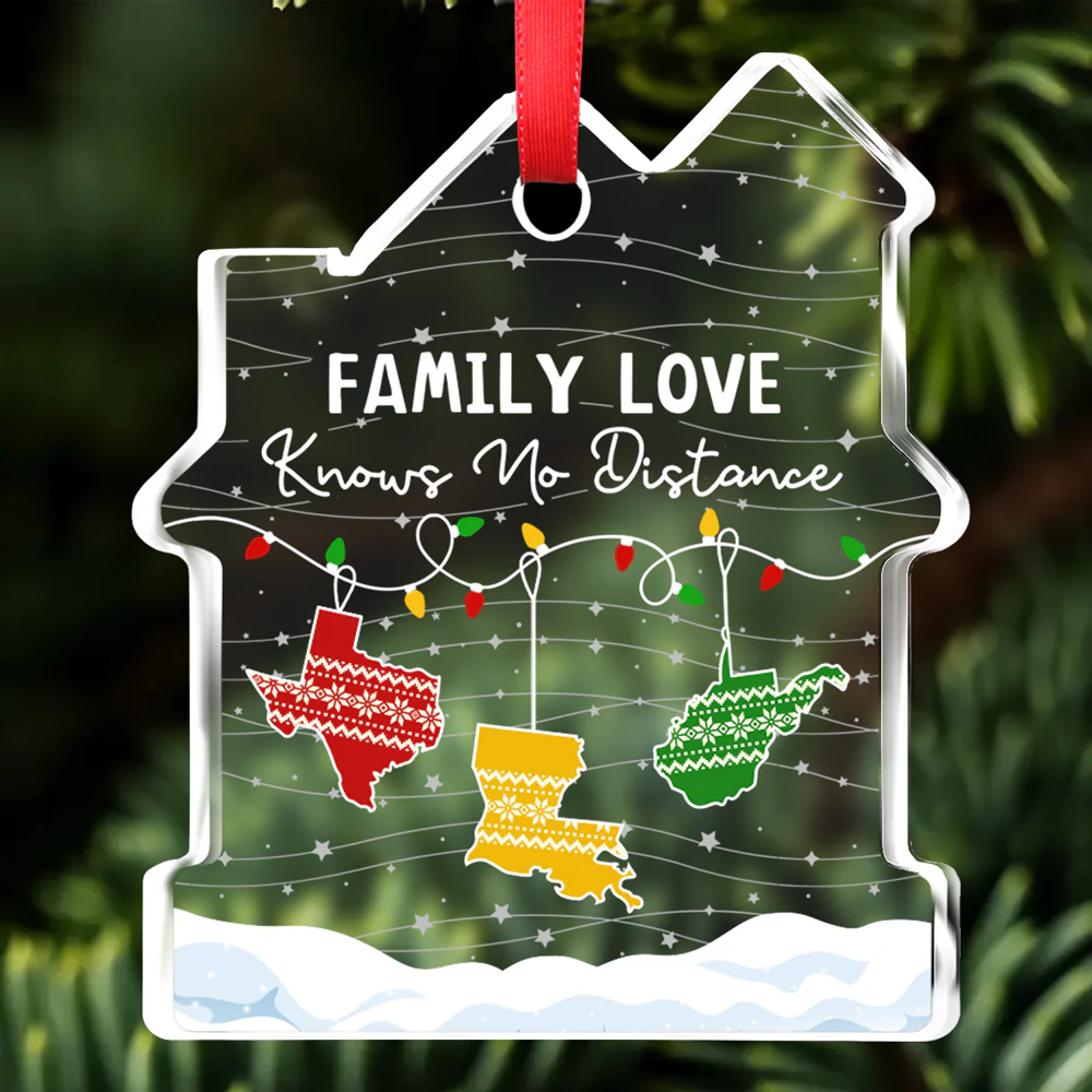 Family Love Knows No Distance - Personalized Custom House Shaped Glass Ornament - Image 6