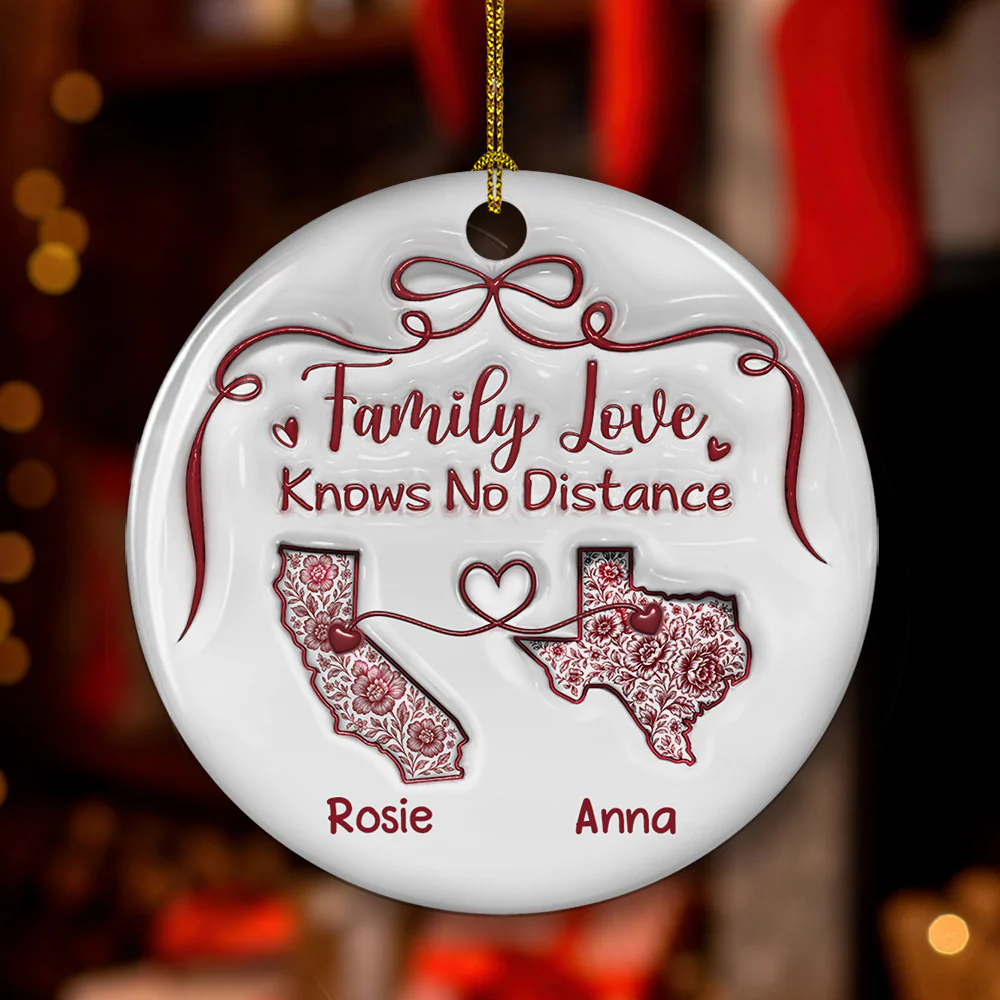 Family Love Knows No Distance Toile De Jouy - Personalized Custom 3D Inflated Effect Ceramic Ornament - Image 2