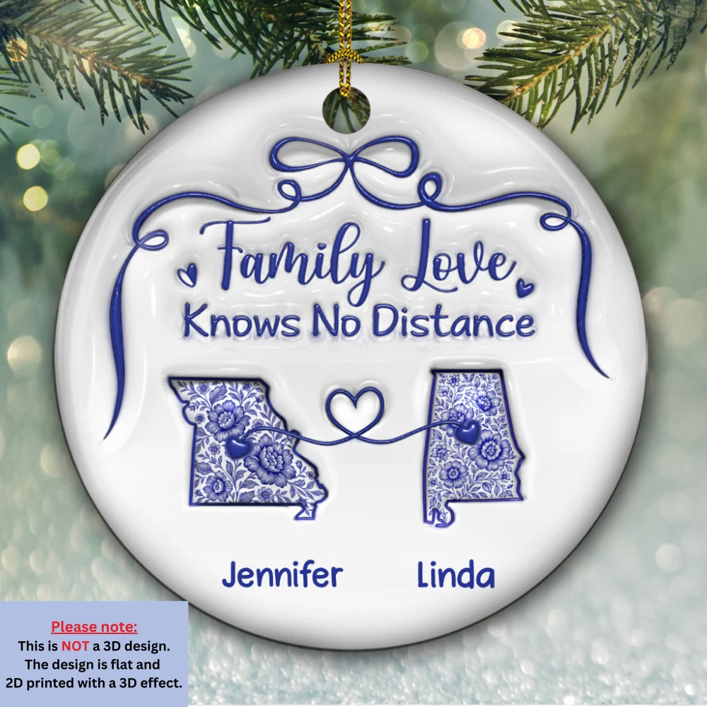 Family Love Knows No Distance Toile De Jouy - Personalized Custom 3D Inflated Effect Ceramic Ornament - Image 6