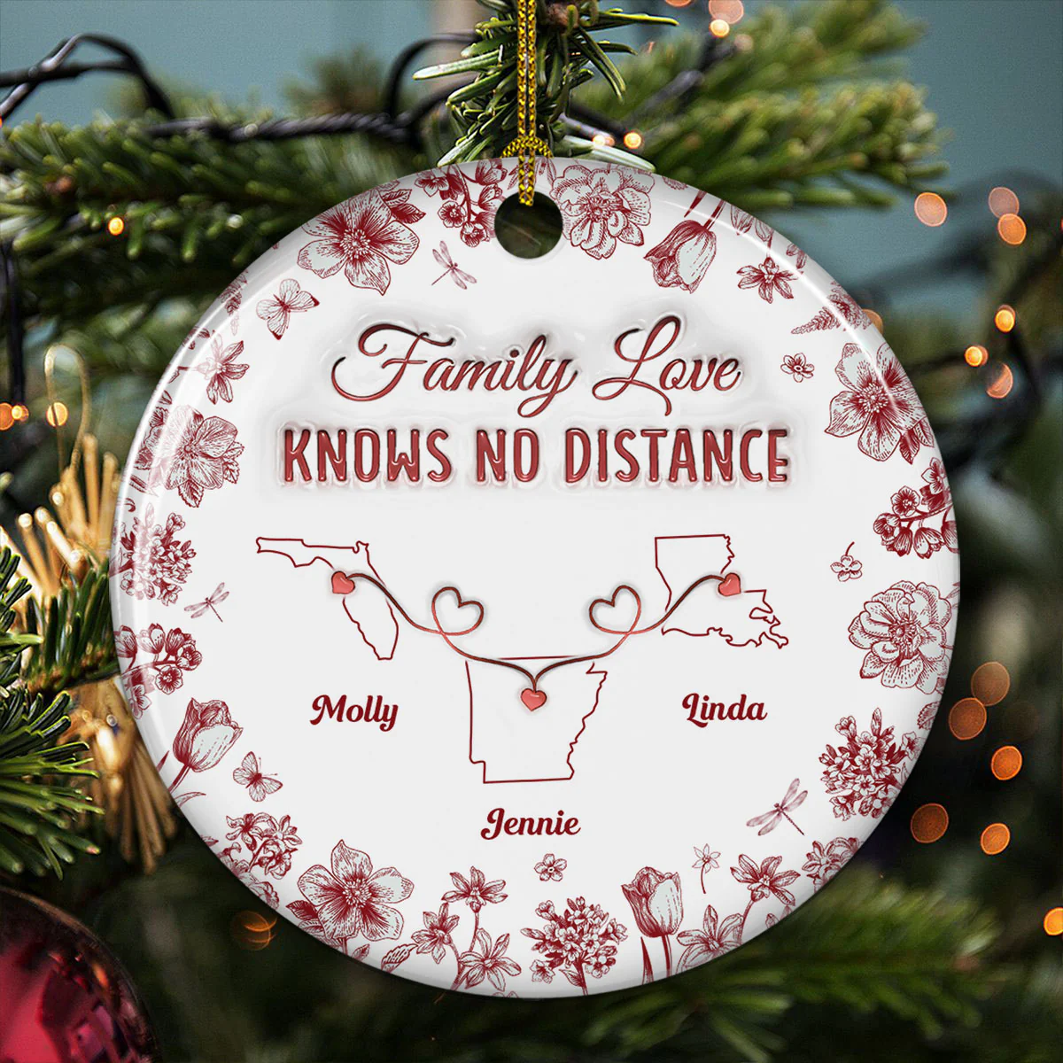 Family Love Knows No Distance Toile Style - Personalized Custom 3D Inflated Effect Ceramic Ornament - Image 2