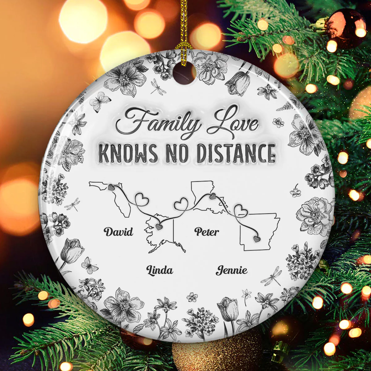 Family Love Knows No Distance Toile Style - Personalized Custom 3D Inflated Effect Ceramic Ornament - Image 3