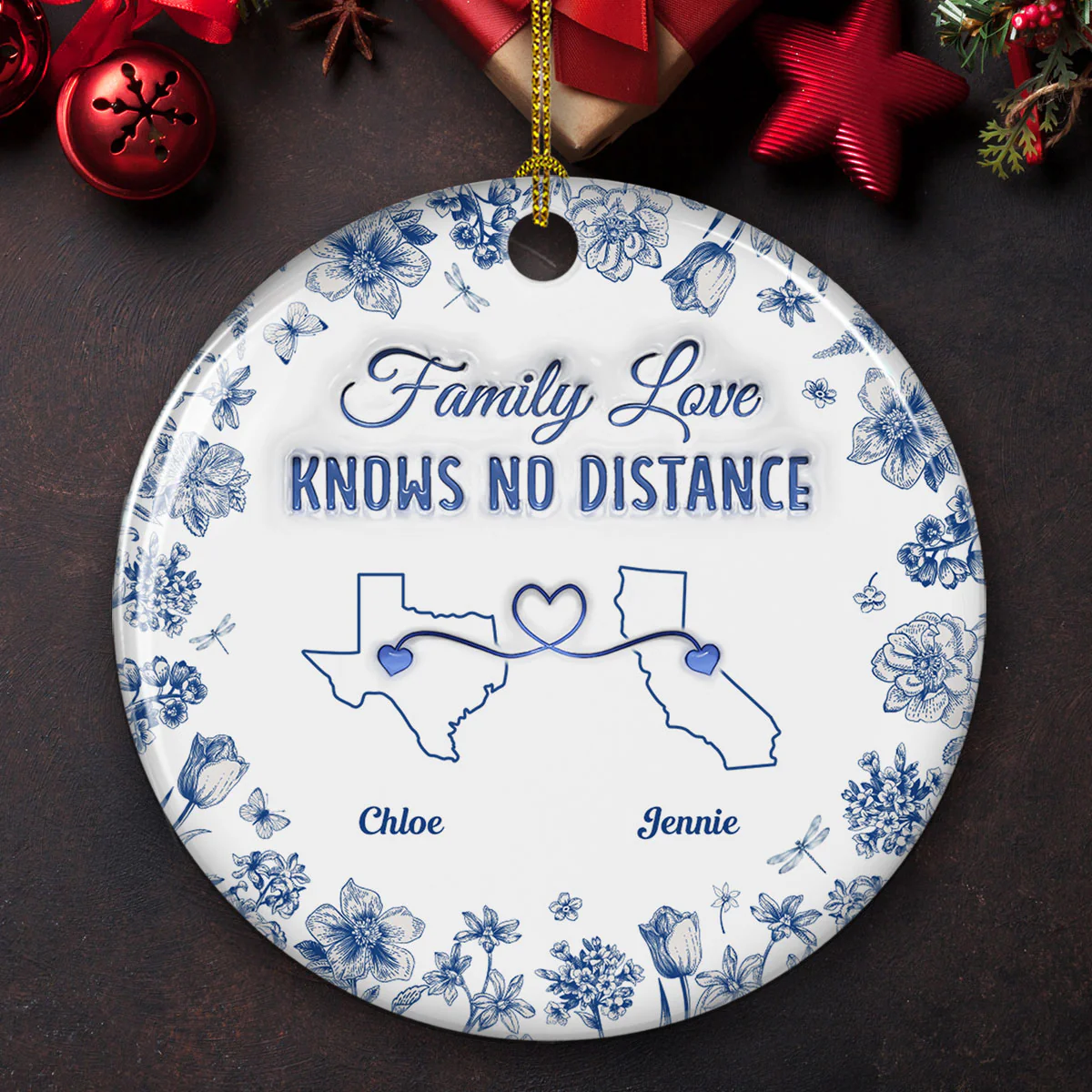 Family Love Knows No Distance Toile Style - Personalized Custom 3D Inflated Effect Ceramic Ornament - Image 4