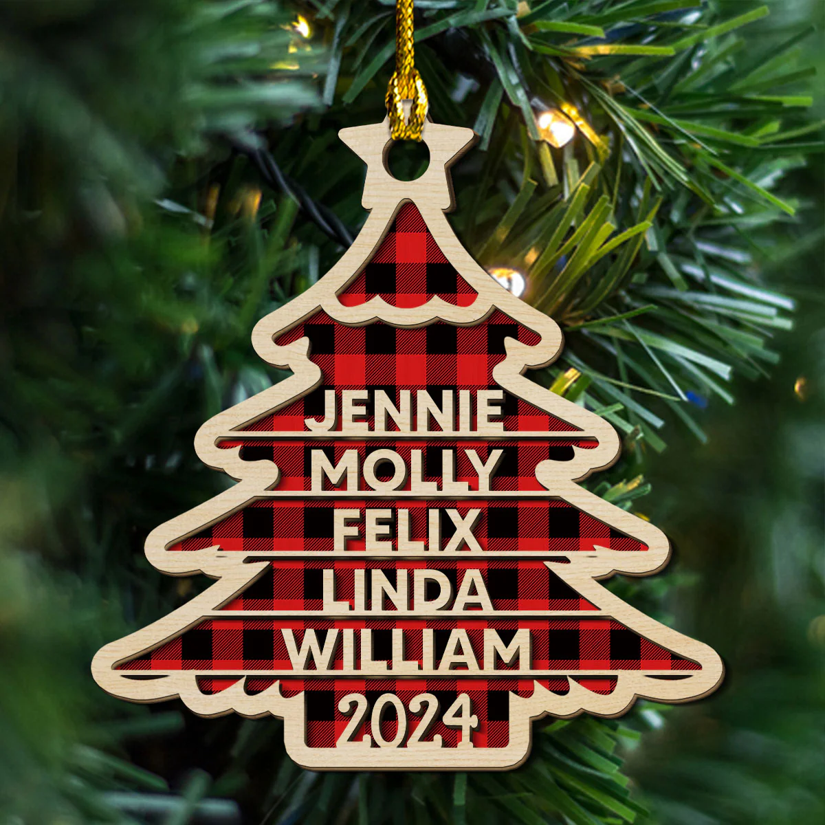 Family Name Christmas Tree - Personalized Custom 2-layered Wood Ornament - Image 3