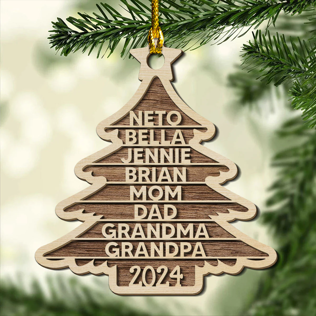 Family Name Christmas Tree - Personalized Custom 2-layered Wood Ornament - Image 5