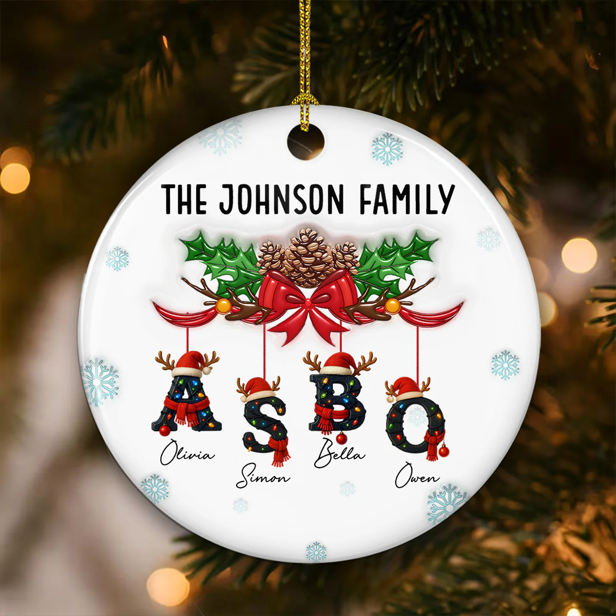 Family Name With Christmas Alphabet - Personalized Custom 3D Inflated Effect Ceramic Ornament