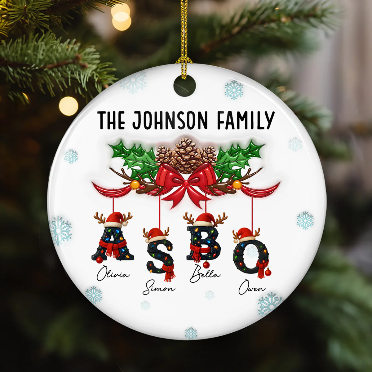 Family Name With Christmas Alphabet - Personalized Custom 3D Inflated Effect Ceramic Ornament - Image 2