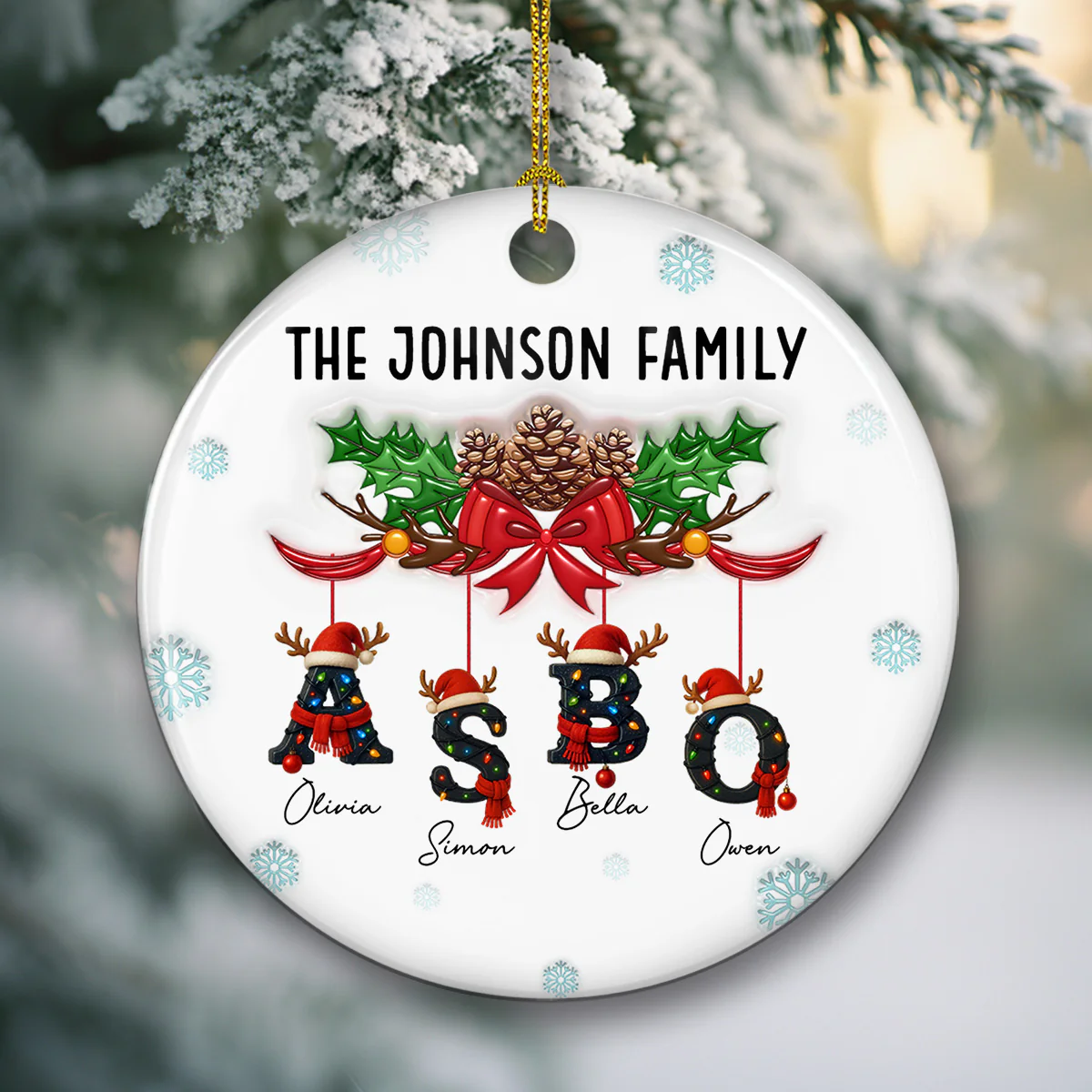 Family Name With Christmas Alphabet - Personalized Custom 3D Inflated Effect Ceramic Ornament - Image 3