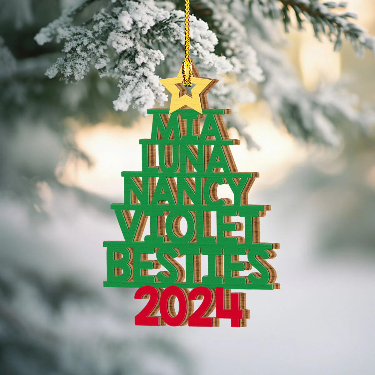 Family Names Christmas Tree - Personalized Custom 1-layered Wood Ornament - Image 3