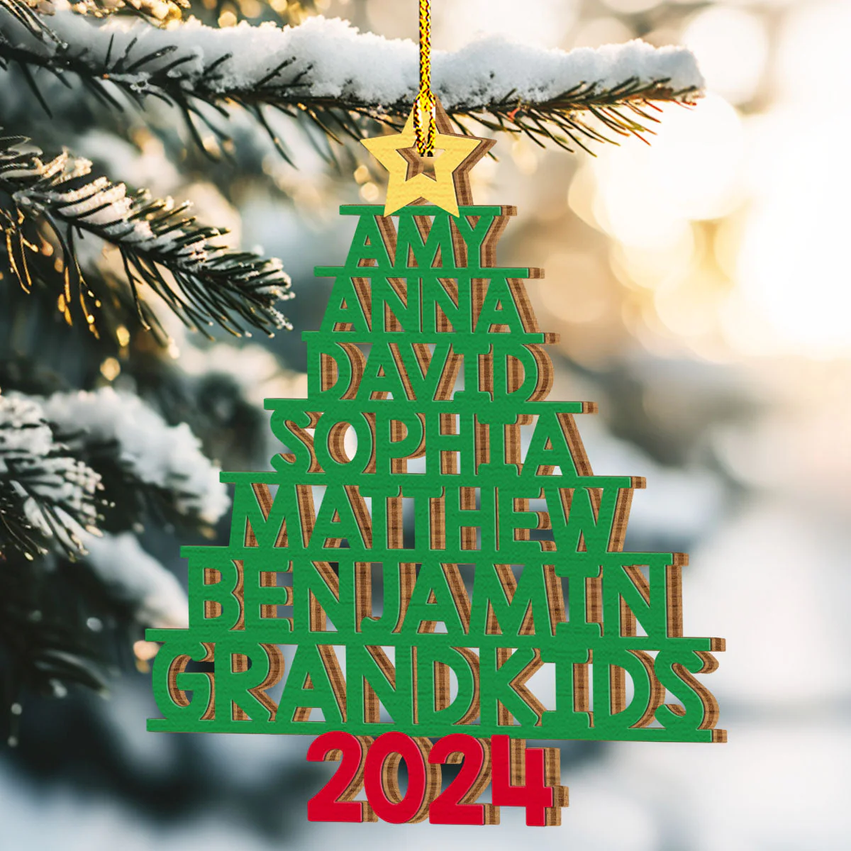 Family Names Christmas Tree - Personalized Custom 1-layered Wood Ornament - Image 4