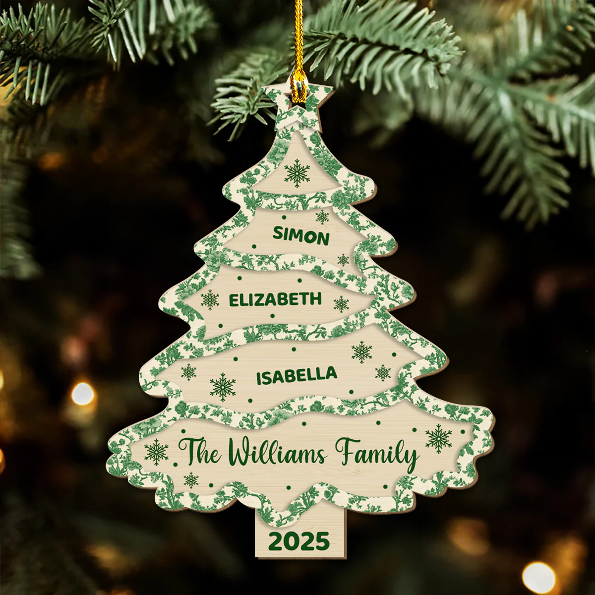 Family Names Christmas Tree Toile De Jouy - Personalized Custom Wood Ornament - Image 2