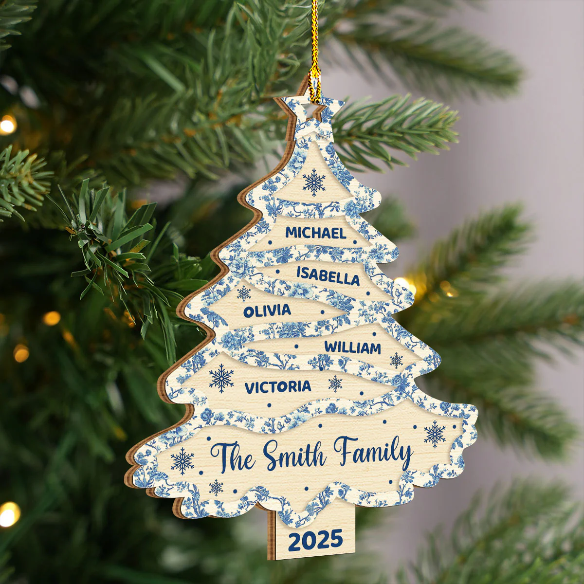 Family Names Christmas Tree Toile De Jouy - Personalized Custom Wood Ornament - Image 4