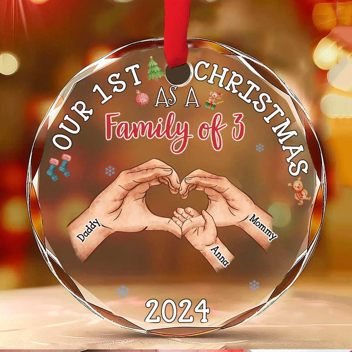 Family Of Three - Personalized Custom Glass Ornament - Image 2