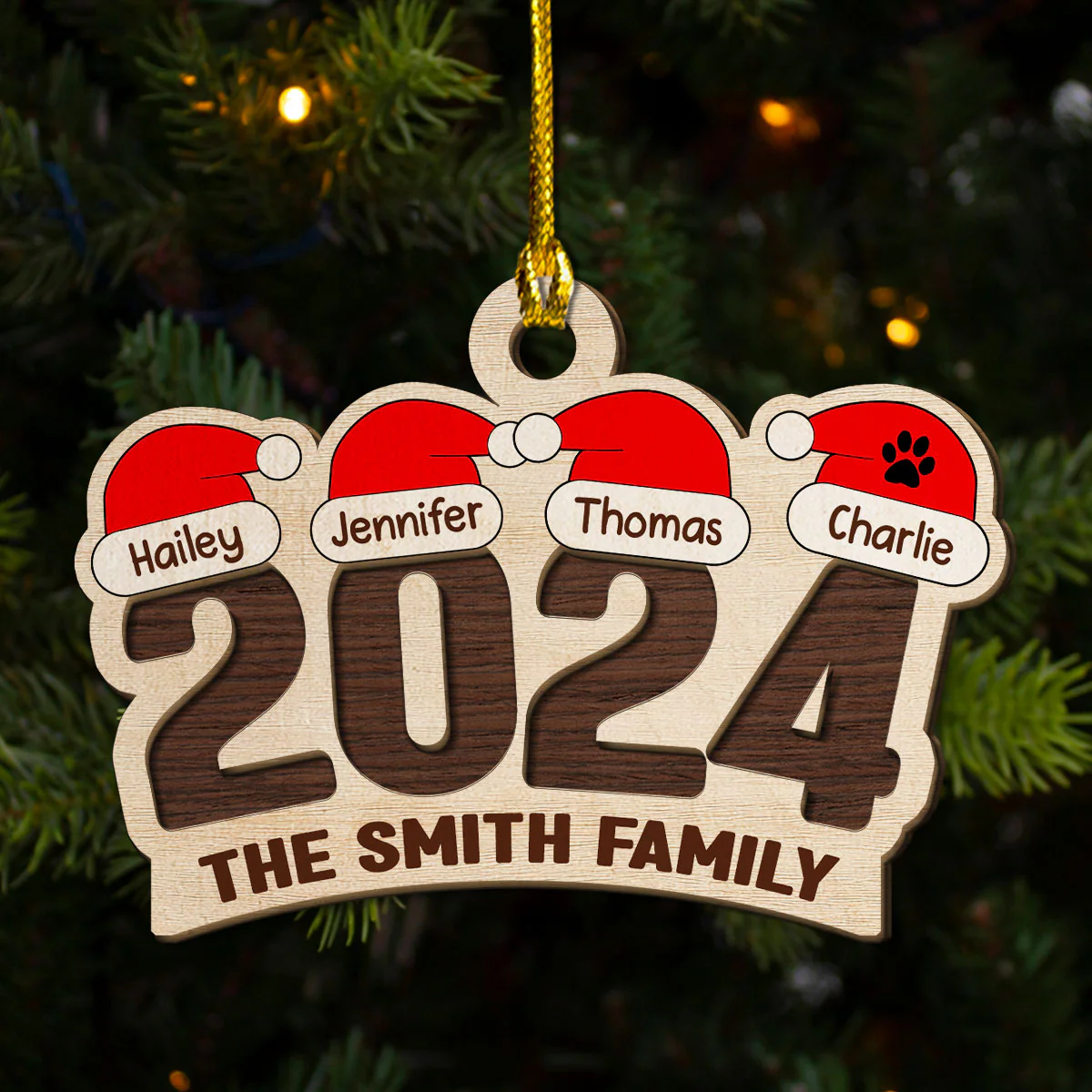 Family Santa Hat - Personalized Custom 2-Layered Wood Ornament - Image 2