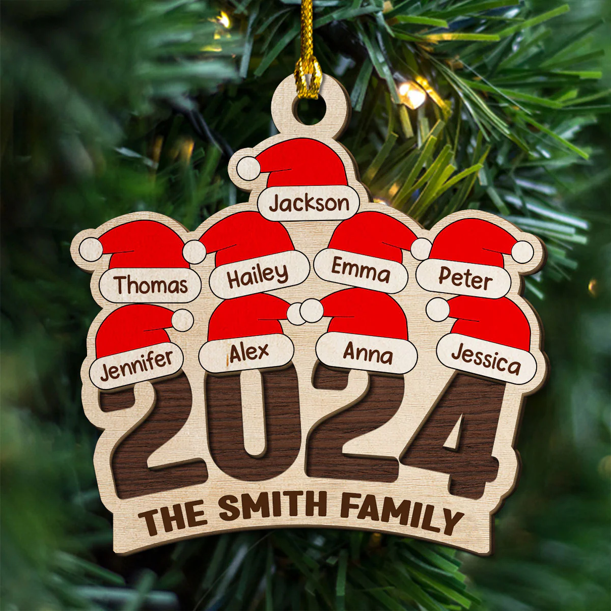 Family Santa Hat - Personalized Custom 2-Layered Wood Ornament - Image 3