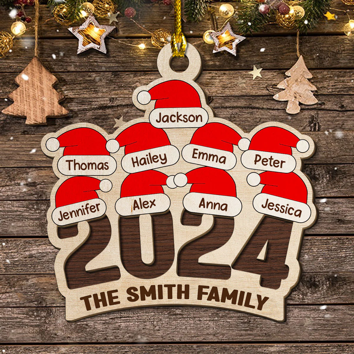 Family Santa Hat - Personalized Custom 2-Layered Wood Ornament - Image 4