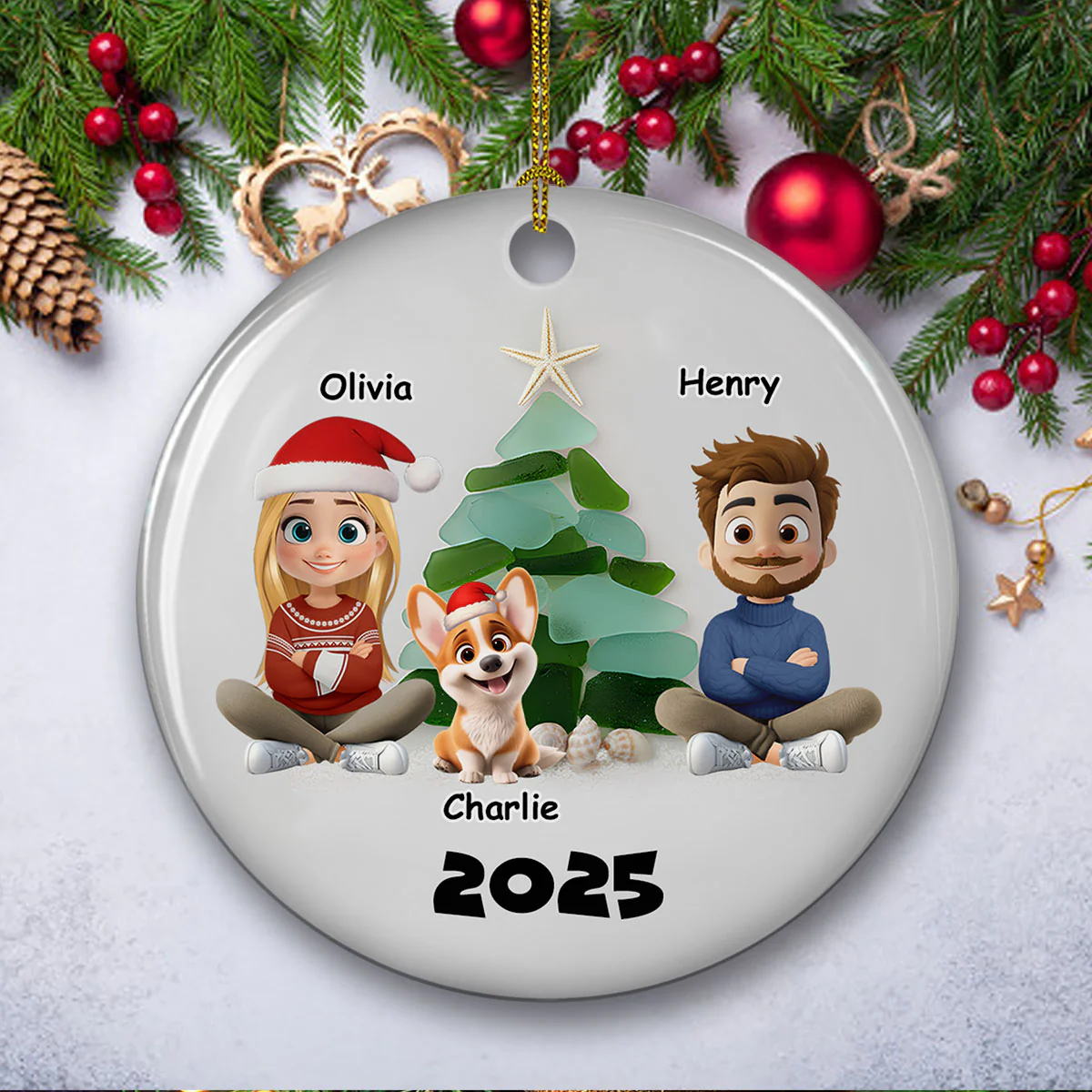 Family Sea Glass Christmas Tree - Personalized Custom Ceramic Ornament - Image 3
