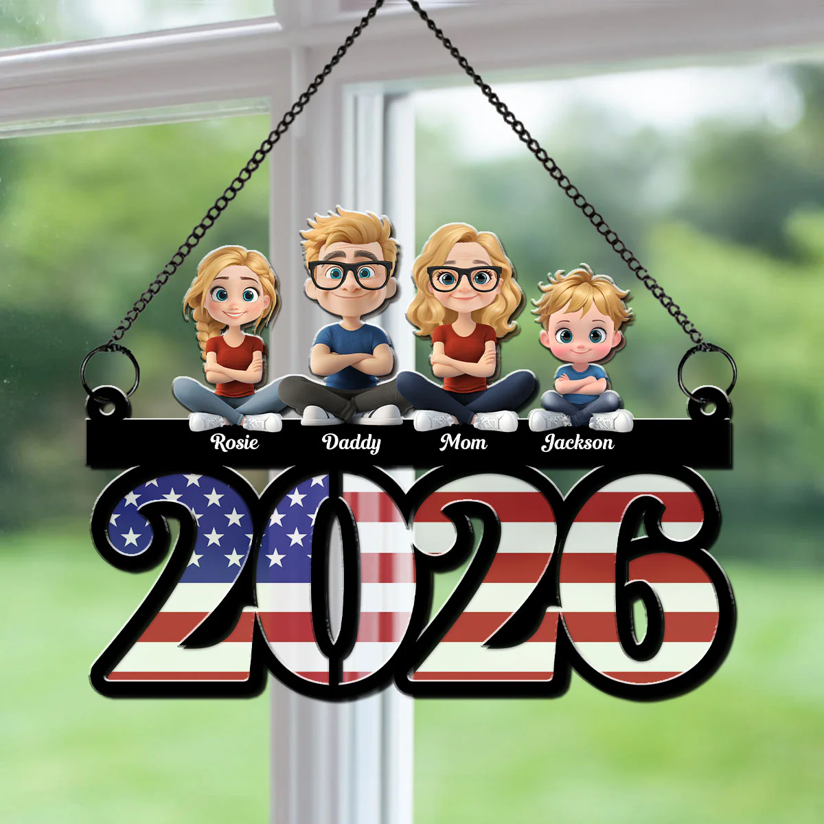 Family Sitting America 250th Anniversary - Personalized Custom Suncatcher