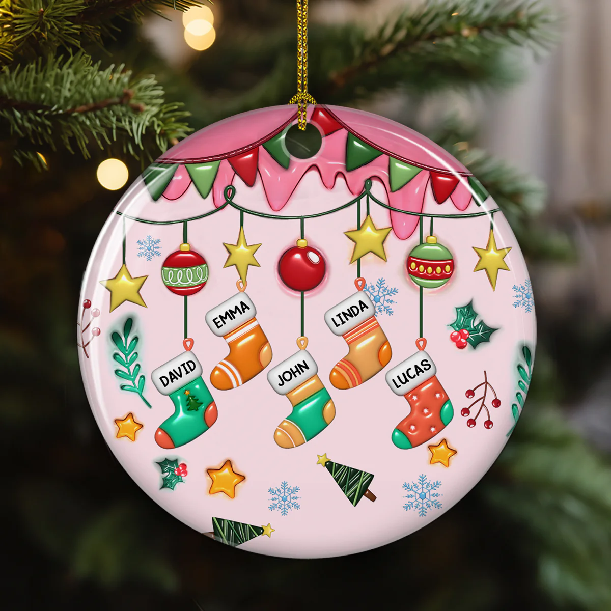 Family Stockings Christmas - Personalized Custom 3D Inflated Effect Ceramic Ornament - Image 2