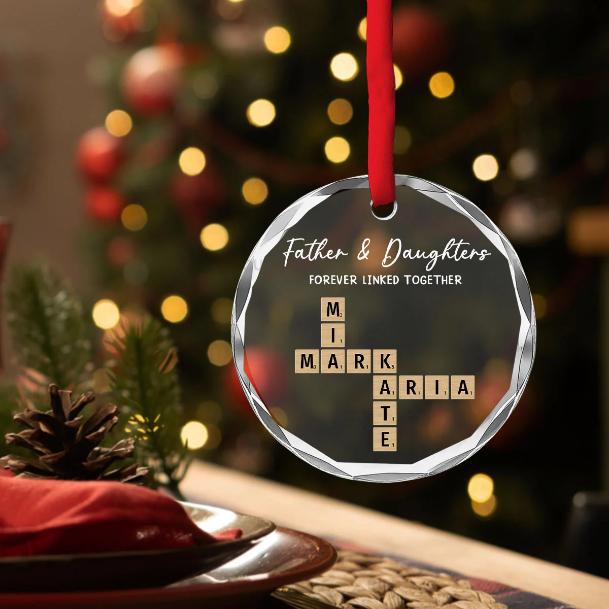 Father With Daughters Linked By Love - Personalized Custom Glass Ornament - Image 3