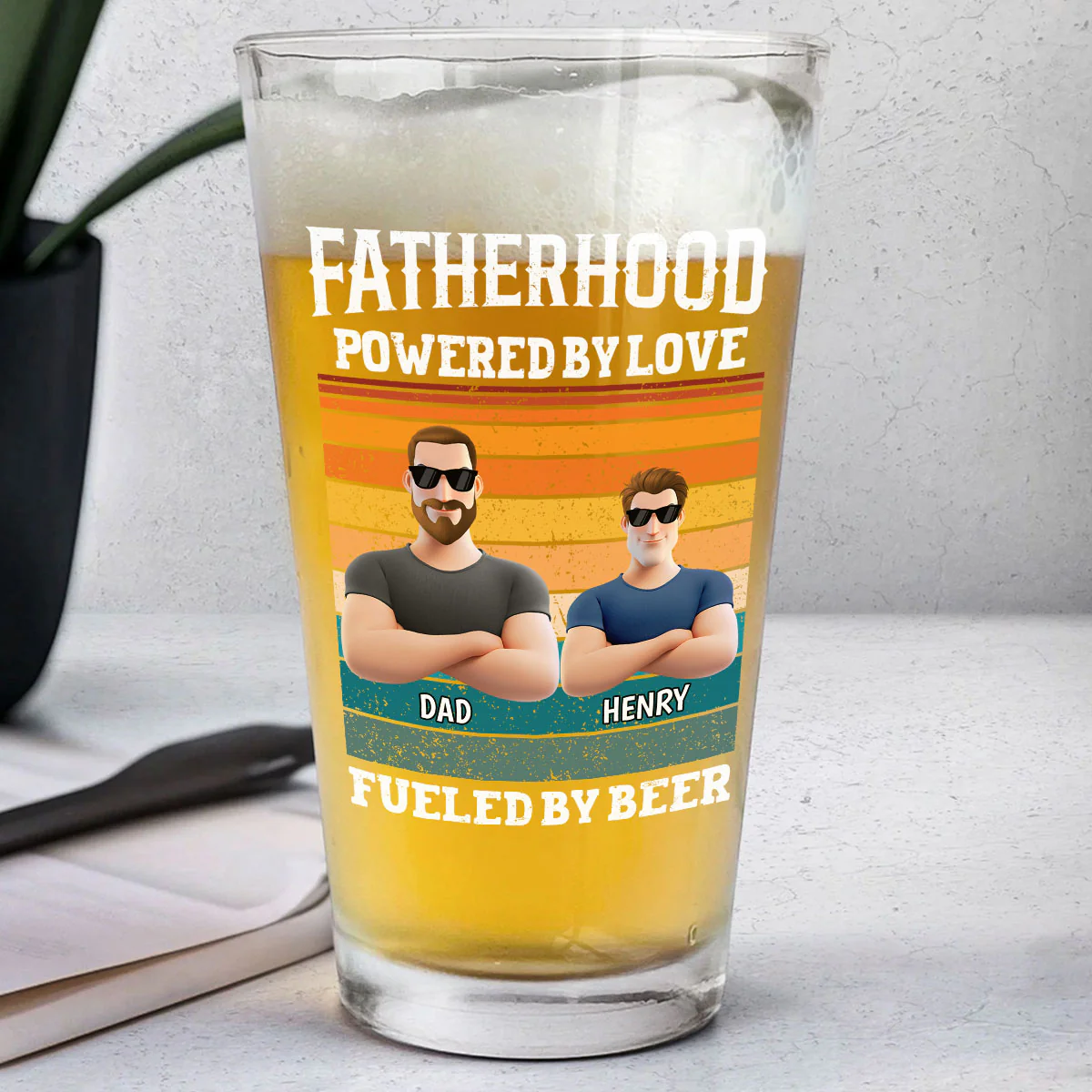 Fatherhood Powered By Love - Personalized Custom Beer Glass - Image 2