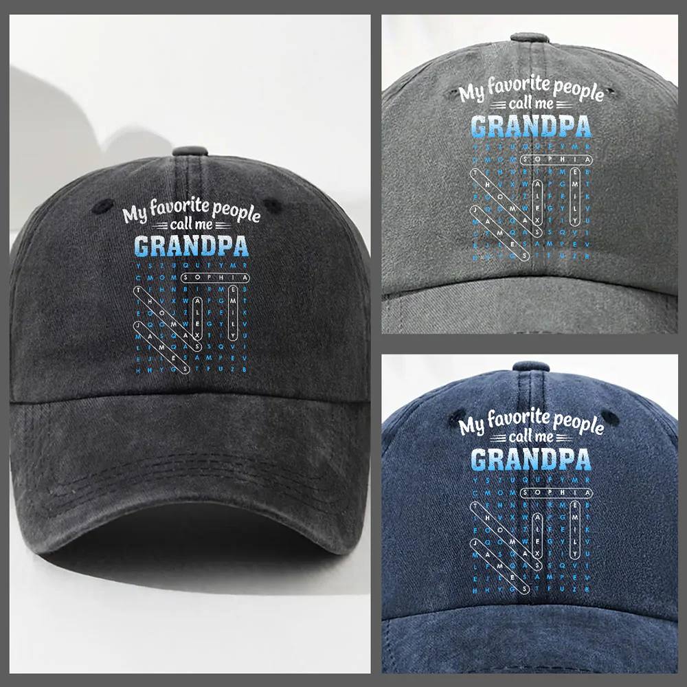 Favorite People Call Grandpa Dad Word Search Puzzle - Personalized Custom Vintage Washed Denim Cap - Image 3