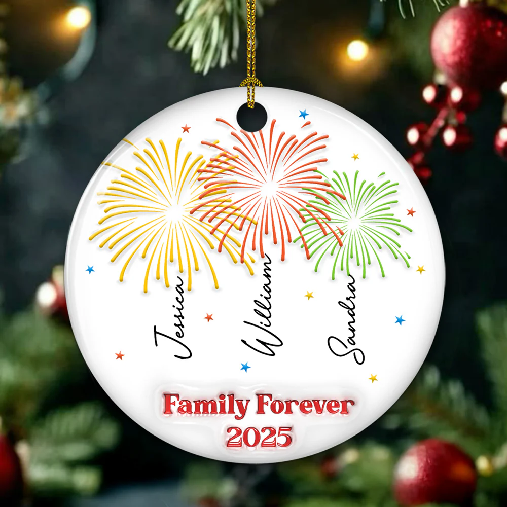 Firework Family Christmas 2025 - Personalized Custom 3D Inflated Effect Ceramic Ornament - Image 3